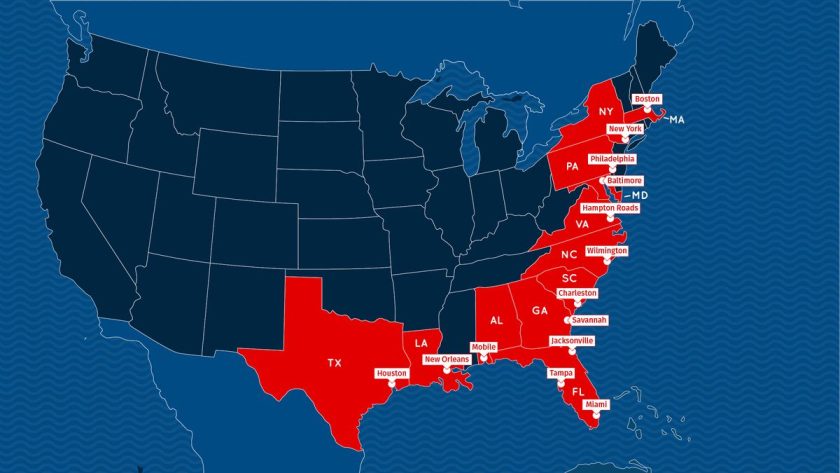 Map of major ports affected by strike on US East and Gulf coasts